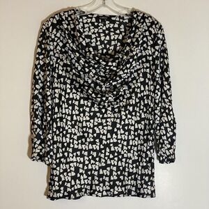 Elementz Top Womens Large Black White Heart Print Drape Cowl Neck Valentine Cute